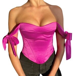 Off Shoulder Corset Top Satin Blouse Bow Strap Sleeveless Boned Corset small nwt